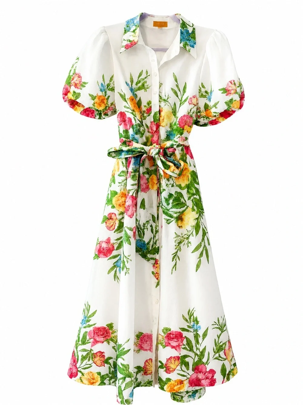 Flying Tomato Midi Floral Tie-Waist Dress in Cream and Green with Bell Sleeves - Picture 3 of 16
